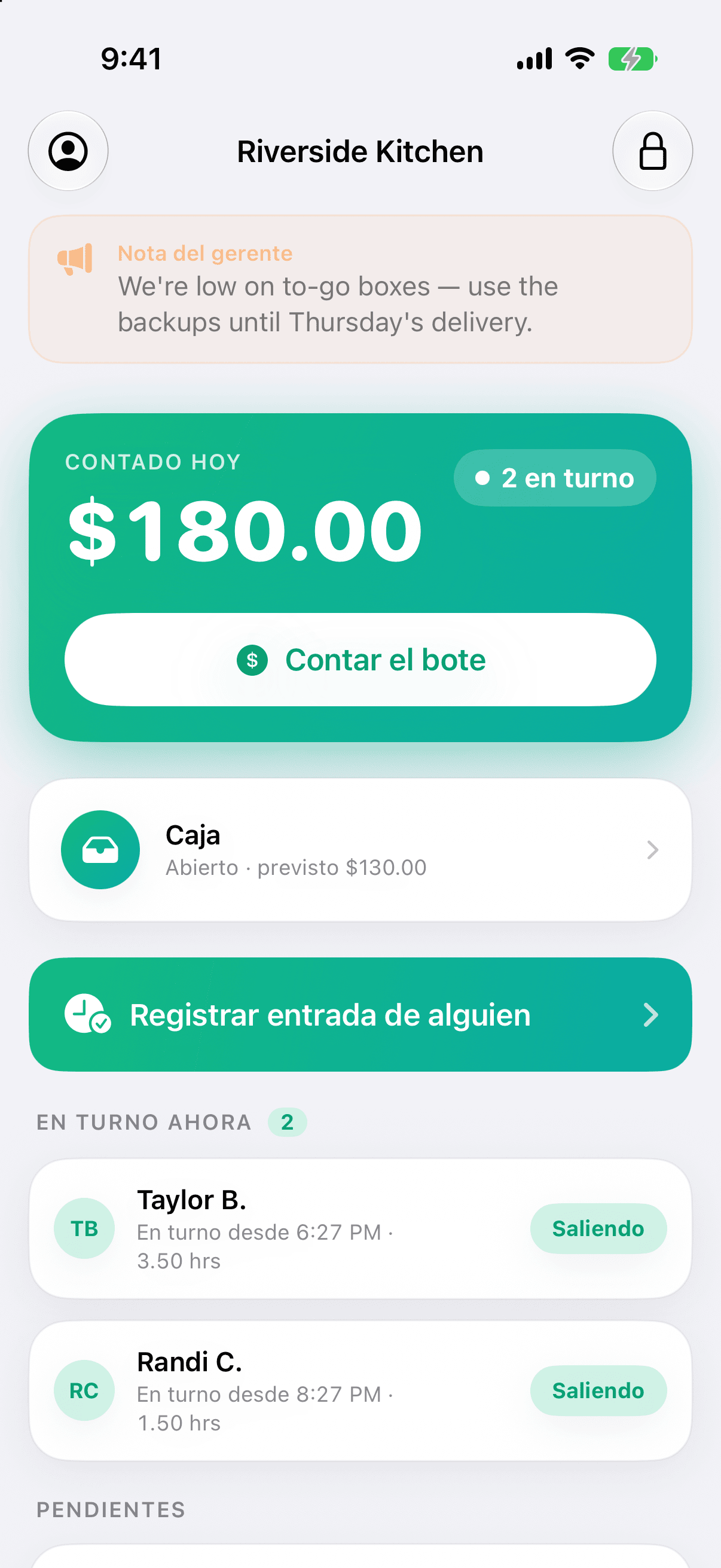 Panel de PaidFair con el total contado, quién está en turno y las propinas del día