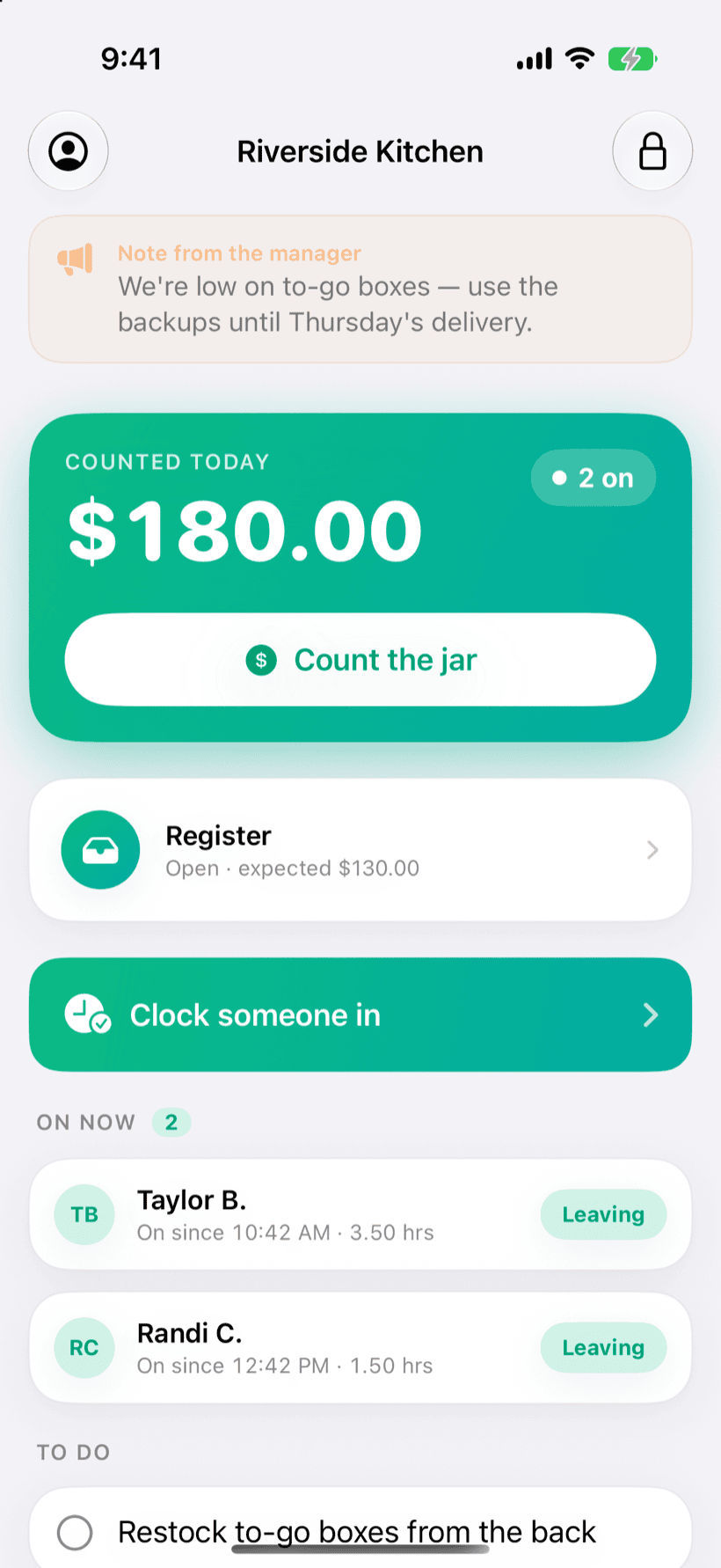 The same day on a phone — counted total, who's on the clock, and the day's tip counts