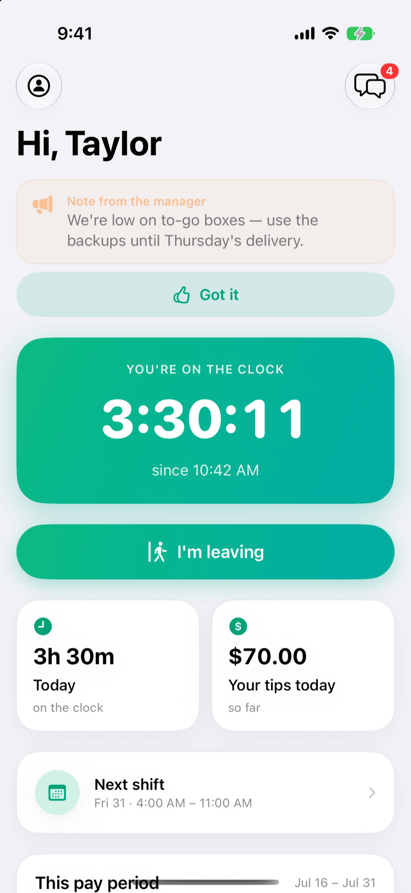 PaidFair employee view: a live on-the-clock timer, your own tips today and this pay period, and your next shift