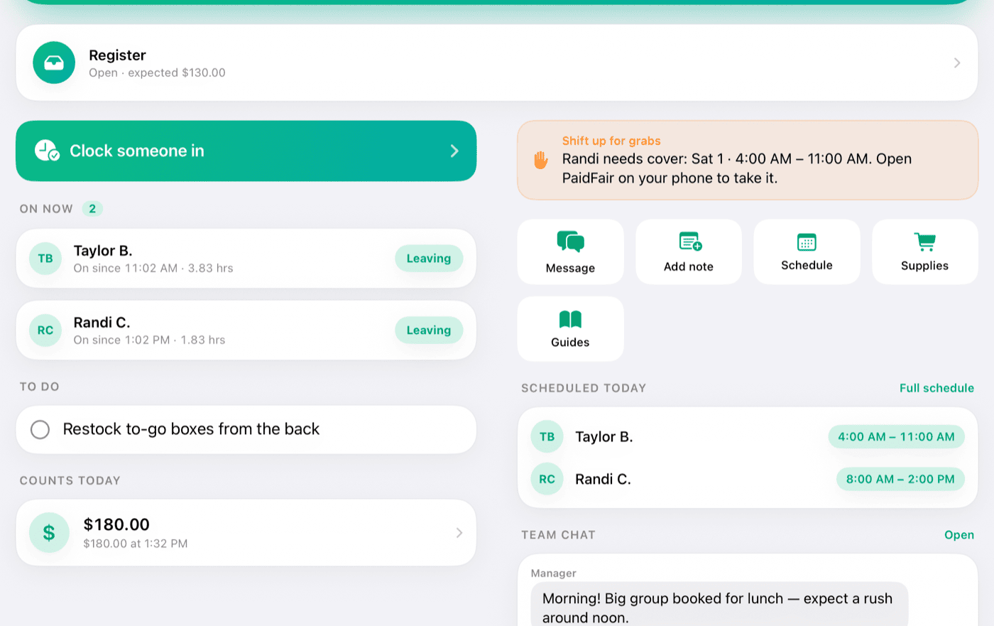PaidFair on a shared iPad — the two-column counter dashboard with who's on now, quick actions, today's schedule, and live team chat all at once