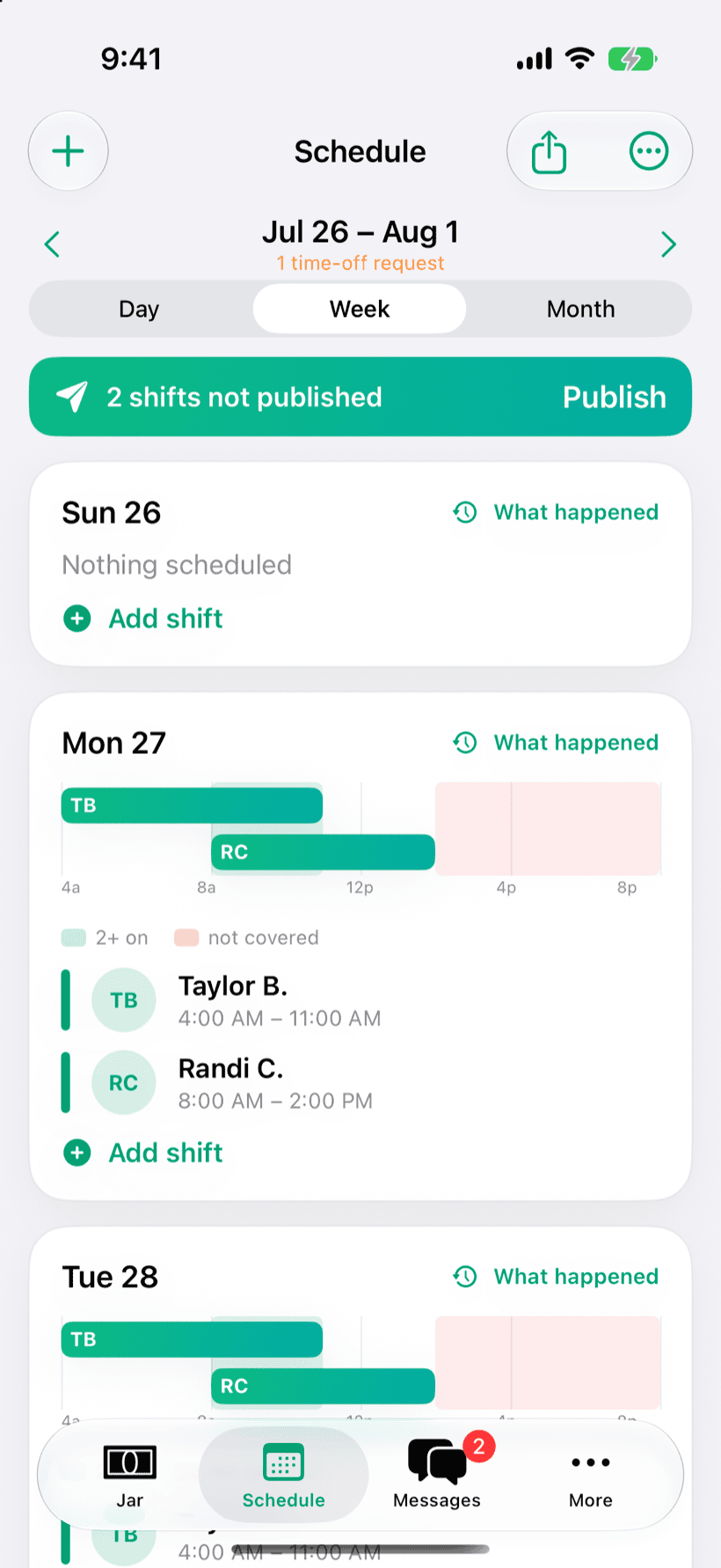 PaidFair weekly schedule with published shifts, drafts, up-for-grabs, and time-off to review