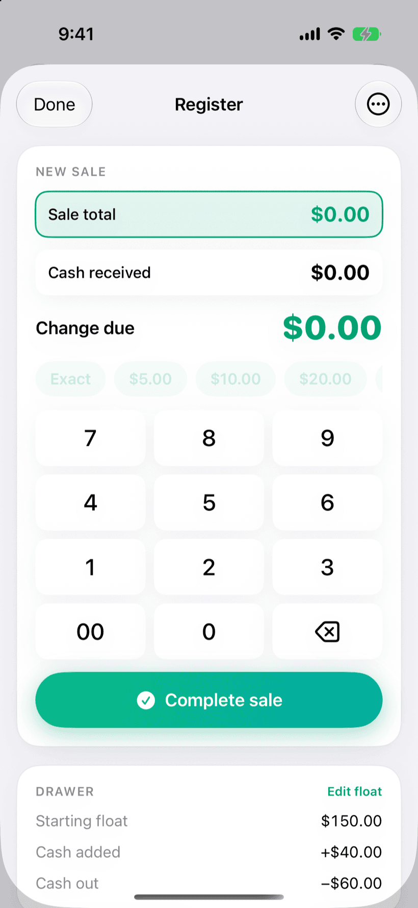 PaidFair free cash register: quick sale with total, cash received, and change due